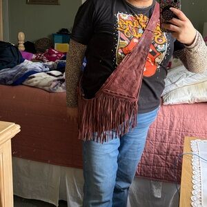 Sash 100% leather aged wine fringe crossbody purse